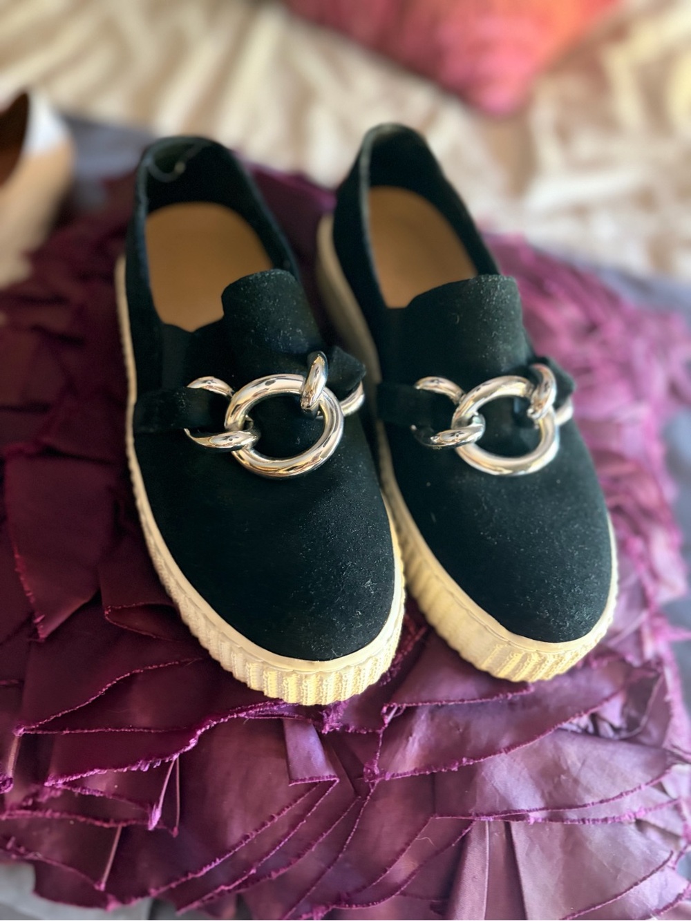 Splendid Black Suede Platform Loafers with Chain
